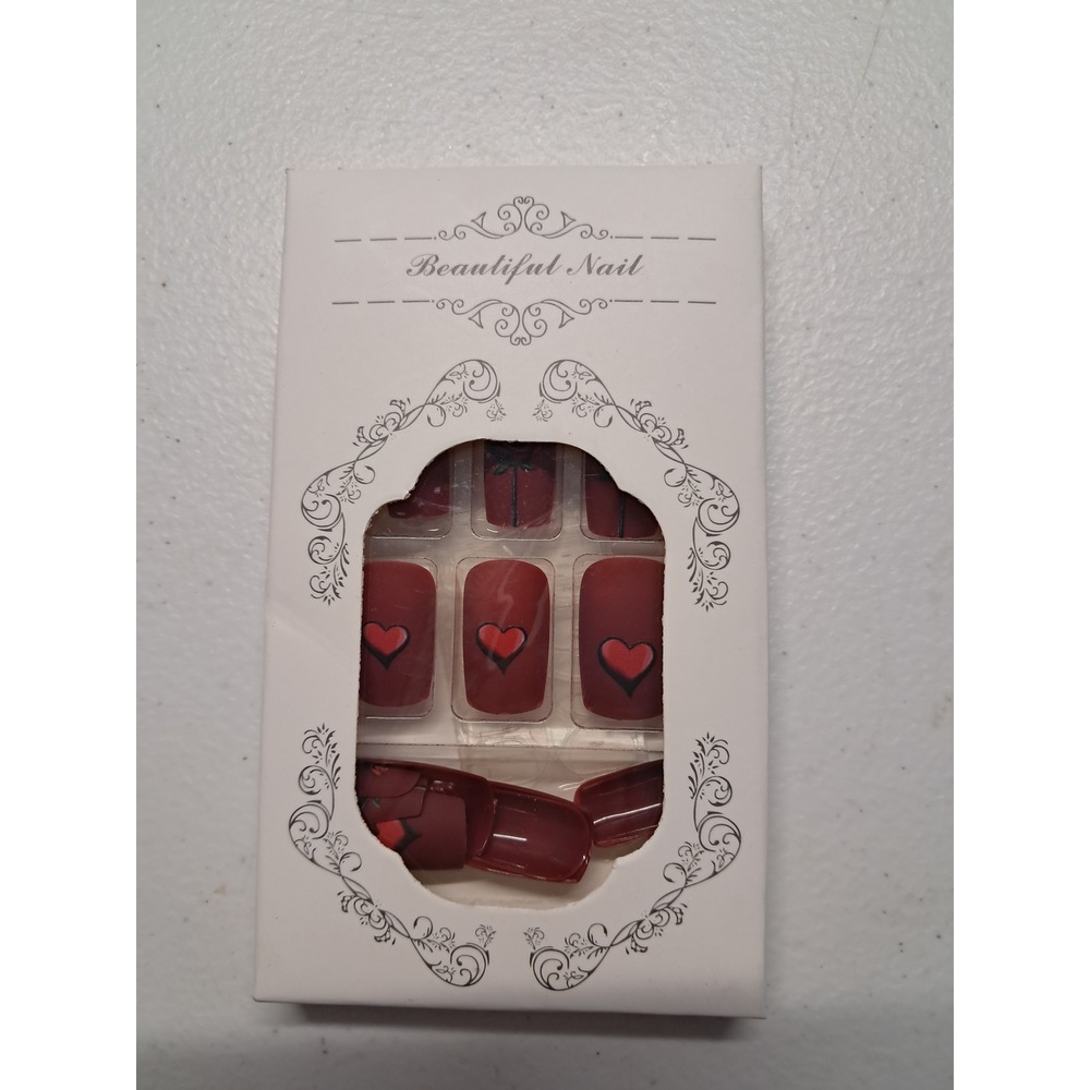 Beautiful Nail Press On Nails‎ Matte Burgundy Red Heart Rose Square Tips Set